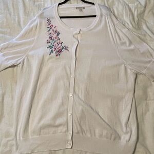 Woman Within White Cardigan with Colorful Embroidery